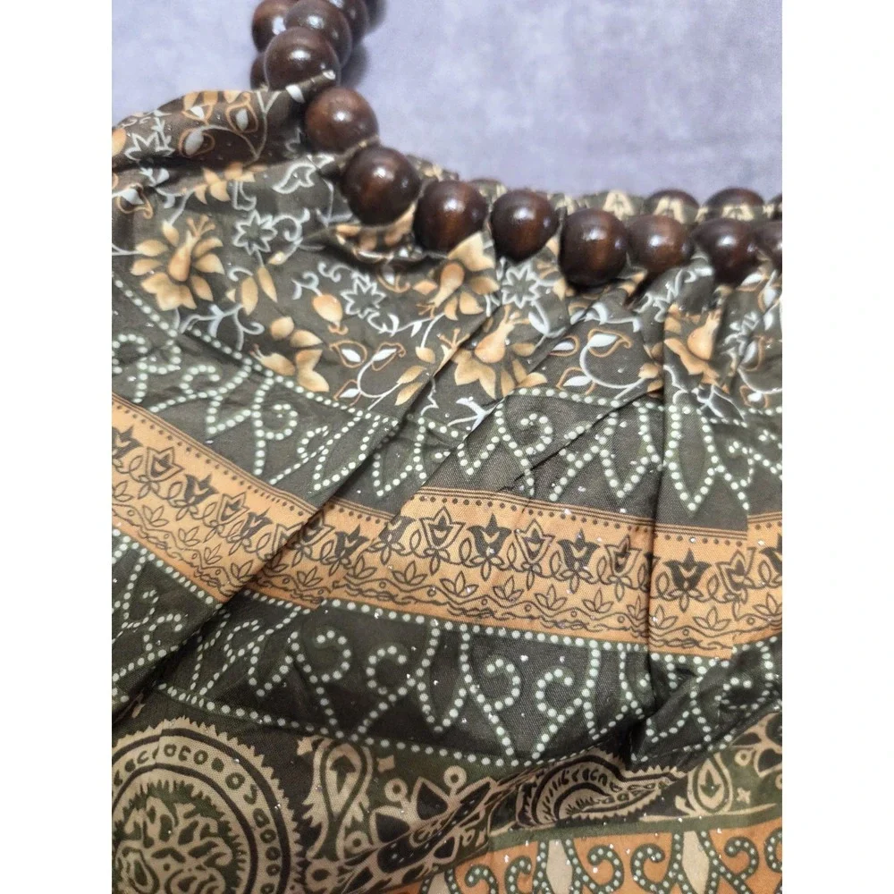Bohemian Hippie Hobo Beaded Handle Green Floral Patterned Whimsical Bag